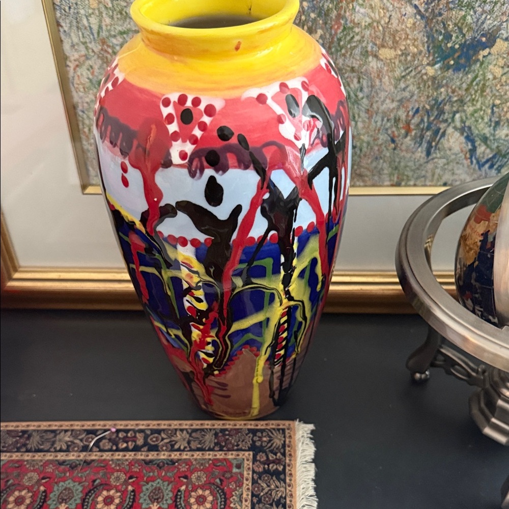 Colorful Abstract Vase with Yellow Rim - Picture 2 of 4